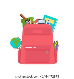 Back to school background with a backpack and school supplies set. Crayons, notebook, markers, glue, calculator, ruler, globe.