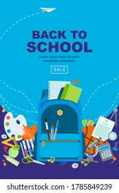 Back to school  
 background. Backpack and school supplies. Vector illustration in a flat style. Can be used for sale banner, web, advertisement, signs.