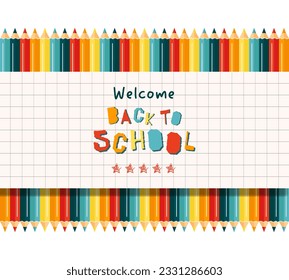 De vuelta al concepto de banner de fondo escolar. Ilustración moderna de lápices de colores con papel de cuadros y texto. Estudiante, alumno. Ilustración vectorial de moda para diseño de tarjetas, banner web.