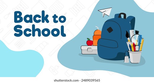 Anuncio de fondo de vuelta a la escuela con el patrón y las Ilustraciones vectoriales sin fisuras de los útiles escolares. Concepto de ilustración 2D. Plantilla de Anuncio de Web.