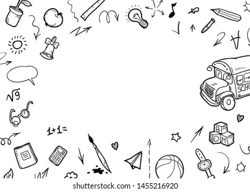 Back to school Background. Banner with texture from line art icons of education, science objects and office supplies on the white background.