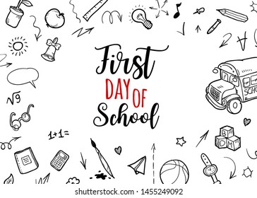 Back to school Background. Banner with texture from line art icons of education, science objects and office supplies on the white background. Typography design, logo.