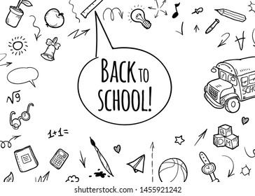 Back to school Background. Banner with texture from line art icons of education, science objects and office supplies on the white background. Typography design, logo.