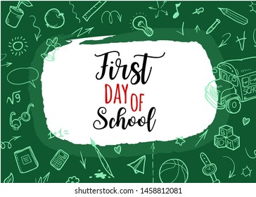 Back to school Background. Banner with texture from line art icons of education, science objects and office supplies on the green background. Typography design, logo
