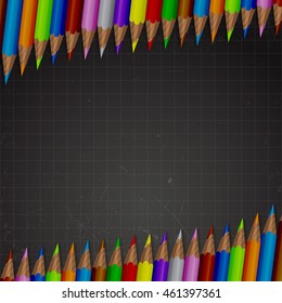 Back to school background. Black chalkboard and colored pencils. Vector illustration.