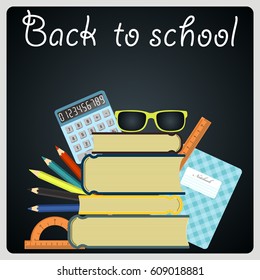 Back to school background. Black desk with school supplies. Vector illustration.