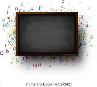 Zurück zum Schulhintergrund mit schwarzer Tafel und farbigen Buchstaben. Vektorgrafik.