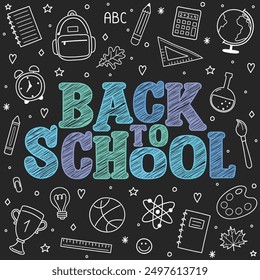Back to school background. Blackboard with hand drawn stationery. Vector illustration