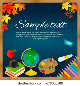 Back to school background with blackboard, leaves, palette, note paper, text, globe apple pencils