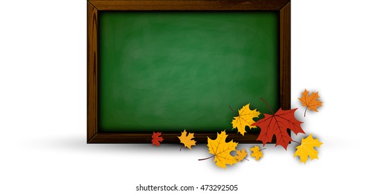 De vuelta a la escuela con pizarra y hojas de arce. Ilustración vectorial.