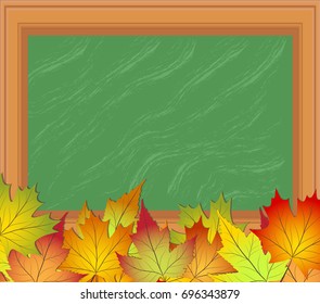Back to school background with blackboard and maple leaves. Stock vector illustration.
