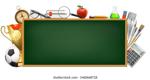 Back to school. Background with a blackboard and stationery for study and education. Isolated on white background. Vector illustration.