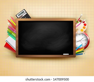 Back to school. Background with blackboard and school supplies. Vector. 