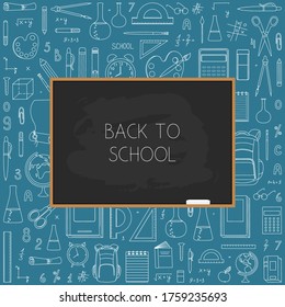 Back to school background with blackboard and school supplies.