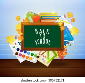 Back to school background with blackboard and supplies. Vector illustration