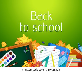 Back to school background with blackboard and supplies. Vector illustration