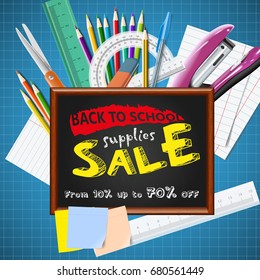 Back to school background with blackboard and school supplies wholesale ad, stationery equipment office and school supplies vector realistic illustration for advertising design