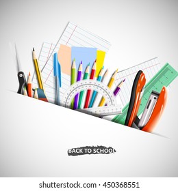 Back to school background with blackboard and school supplies.Stationery equipment. Office and school supplies. Vector realistic illustration 