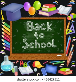 Back to School background with blackboard. Vector illustration includes many colored objects School theme