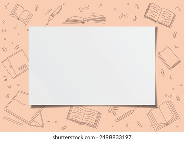 Back to school background. A blank sheet of paper with a copy space. A note page. A school frame with school objects drawings. Sheet of white paper. An orange school object background.