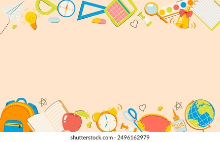 Back to school background with blank space and school supplies illustrations: backpack, books, alarm clock, globe, paints, pencil box, ruler, markers. Design for posts, flyer, social media, banner