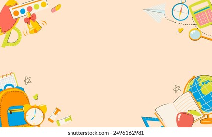 Back to school background with blank space and school supplies illustrations: backpack, books, alarm clock, globe, paints, pencil box, ruler, markers. Design for posts, flyer, social media, banner