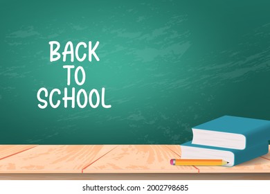 de vuelta a la escuela con libro y lápiz sobre pizarra.