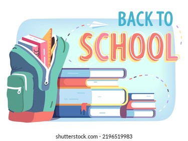 Back to school background with books, backpack. Textbooks, pencil, ruler school supplies stationery banner template. Education, learning, study, knowledge concept card poster flat vector illustration