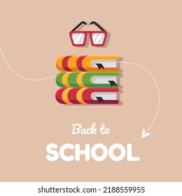 Back to school background with school books and glasses. Back to school banner flyer template. Vector stock illustration.
