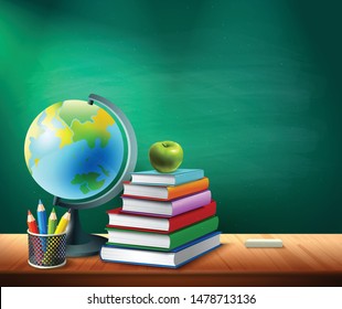 Back to school background with books pencils pot globe on table in classroom realistic vector illustration