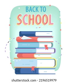 Back to school background with books stack. Welcoming school banner template with textbooks for education. Literature, knowledge learning, study concept card poster flat style vector illustration