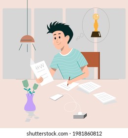 Back to school background. The boy is doing his homework and hopes to become a champion in school. 