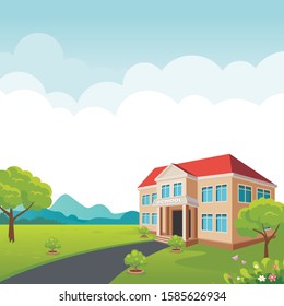 Back to school background, with school building and scenery natural landscape