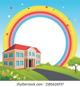Back to school background, with school building and scenery natural landscape