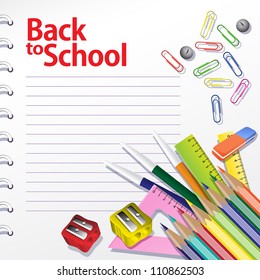 Back to school background. Buttons, paper clips, pencils, rulers. Grouped for easy editing.