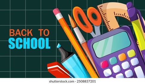 Back to school. Background with calculator, scissors, markers, pens, pencils. School supplies. Vector illustration.