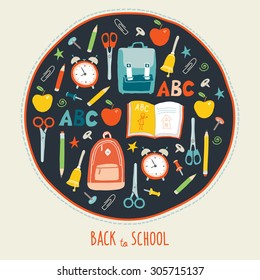 Back to school background. Card concept. Poster design. Set of funny hand drawn school icons. Vector clip art eps 10 illustration in flat style.