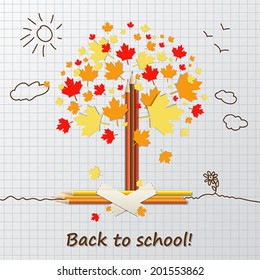 Back to school background or card  with pencils, tree and sun.  Vector illustration. 
