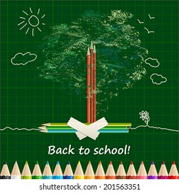 Back to school background or card with pencils, tree and sun.  Vector illustration.