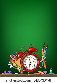 Back to school background. Cartoon alarm clock with school supplies, pencil, pen, brush, paint palette, notebooks on green schoolboard background. Sketch style hand drawn vector illustration.