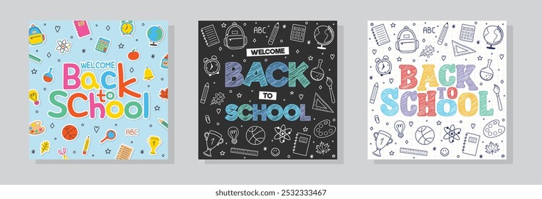 Back to school background with cartoon elements. Set. Vector illustration