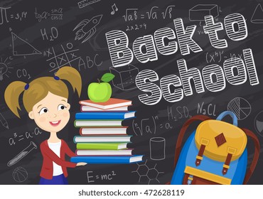 Back to school background cartoon vector illustration. Back to school concept. School girl with textbooks.