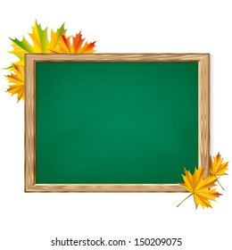 Back to school background with chalkboard and autumn leaves. Vector illustration.