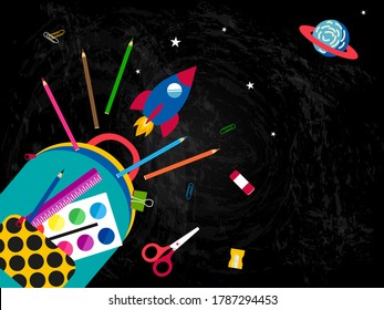 Back to school background with chalkboard and school supplies, rocket, planet and stars