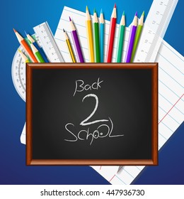 Back to school background with chalkboard and supplies. Stationery equipment. Vector realistic illustration