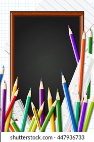 Back to school background with chalkboard and supplies. Stationery equipment. Vector realistic illustration