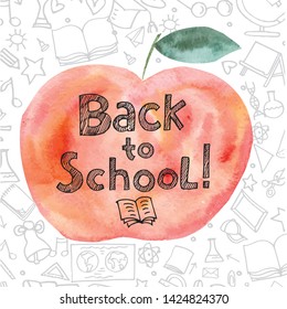 Back to school background with colored apple, modern lettering and hand drawn doodles on background in school theme