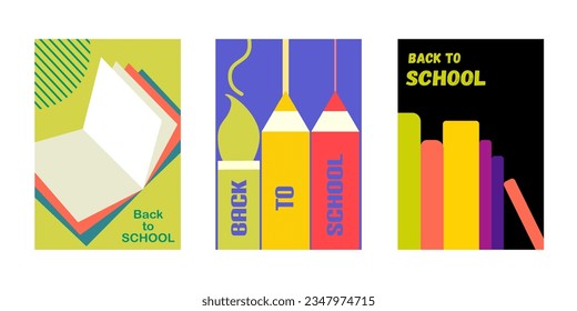 De vuelta al fondo de la escuela, tarjeta colorida Volver a la escuela diseño conjunto de afiches vectoriales. Volver al texto escolar con elementos educativos de venta para anuncios de promoción de estudio 