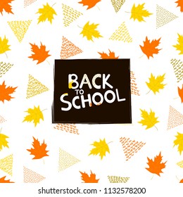 Back to school background with colorful maple leaves and triangles. Vector illustration