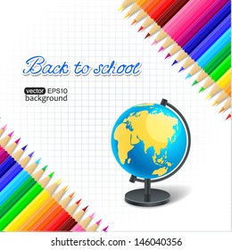 Back to school background with colorful pencils and globe. Vector illustration.